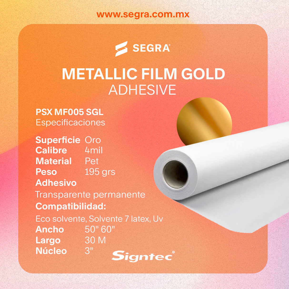 Metallic Film Gold Adhesive PET 195grs 4MIL 1.520m x 30m