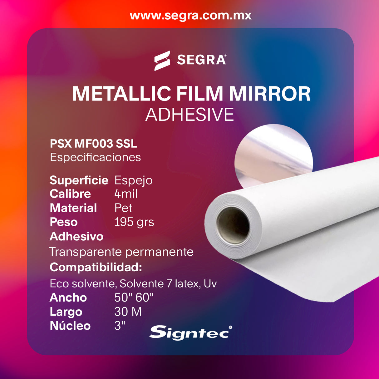 Metallic Film Mirror Adhesive PET 195grs 4MIL 1.270m x 30m