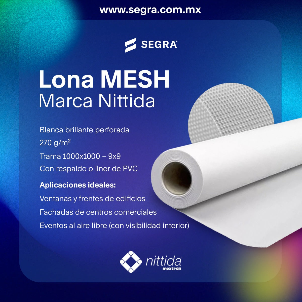 Lona MESH Nittida Blanca brillante perforada 270g/m 1.6 x 50m
